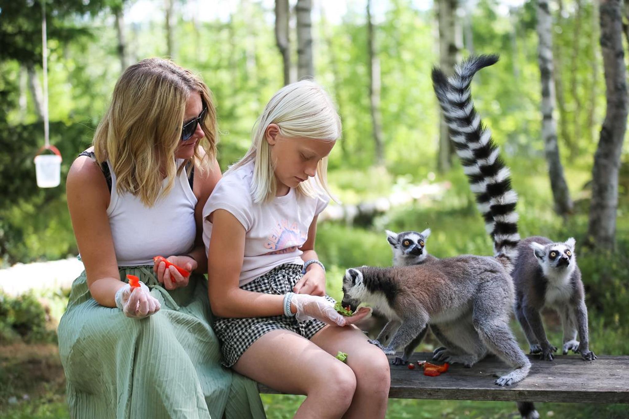 Mor og datter mater dyrene i Tangen Dyrepark