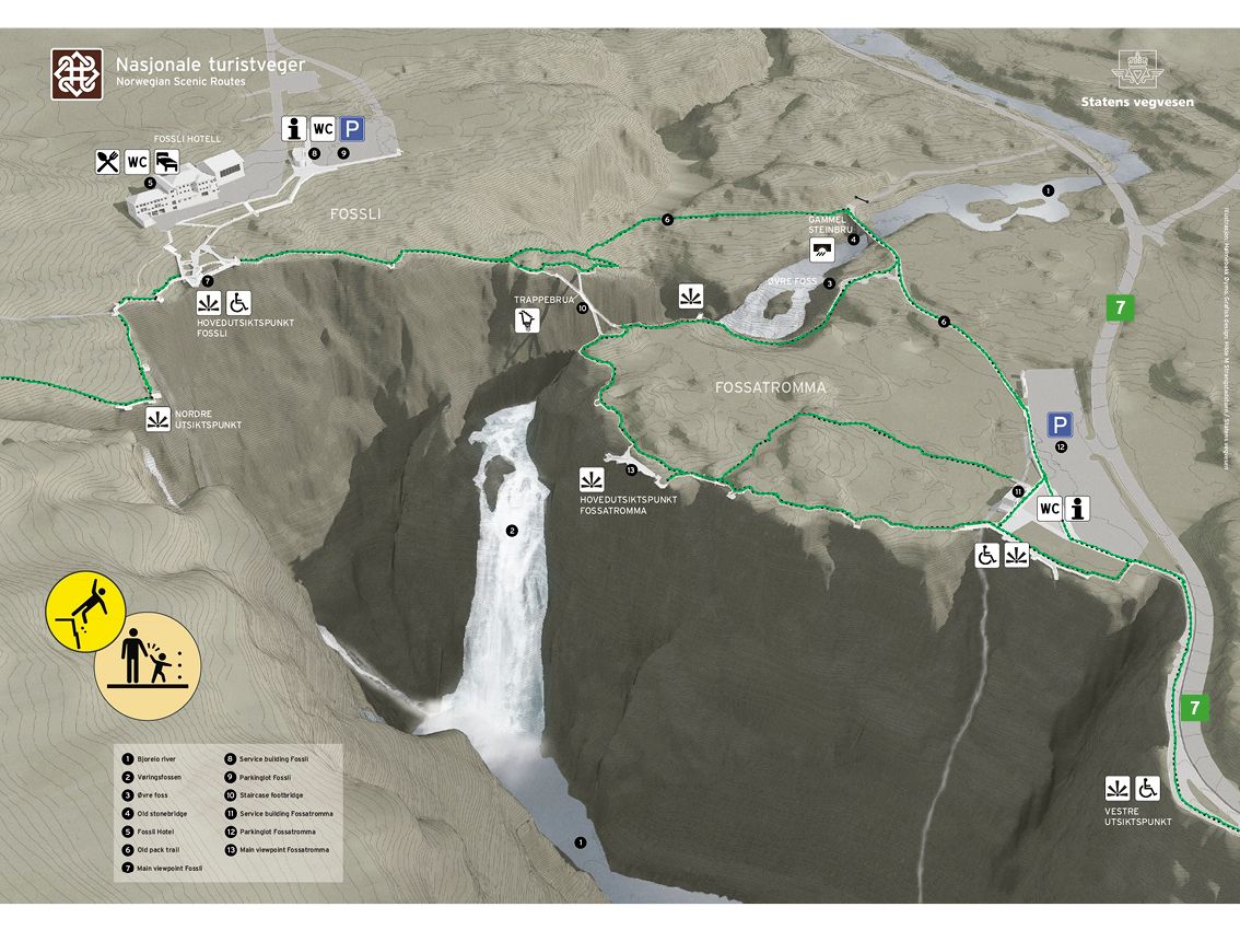 Map showing trails, viewpoints and parking areas around Vøringsfossen and Fossatromma.