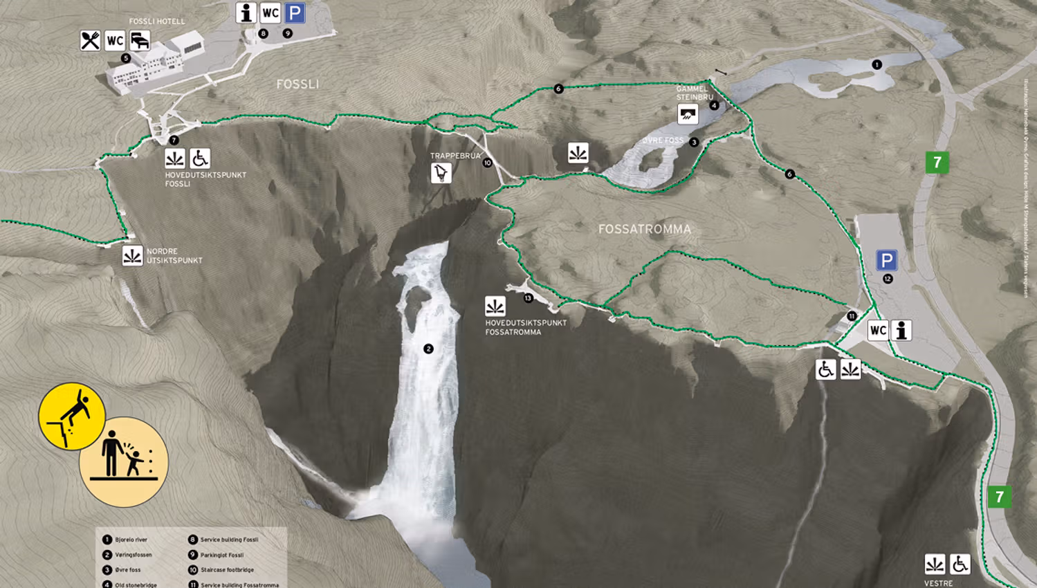 Map showing trails, viewpoints and parking areas around Vøringsfossen and Fossatromma.
