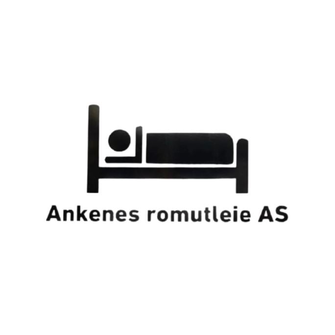 Black silhouette of a person lying in a bed icon above the text "Ankenes romutleie AS" on white background.