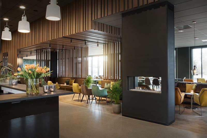 Cozy lobby with gas fireplace