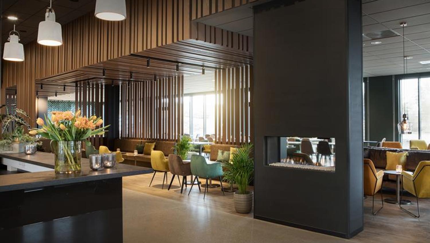 Cozy lobby with gas fireplace