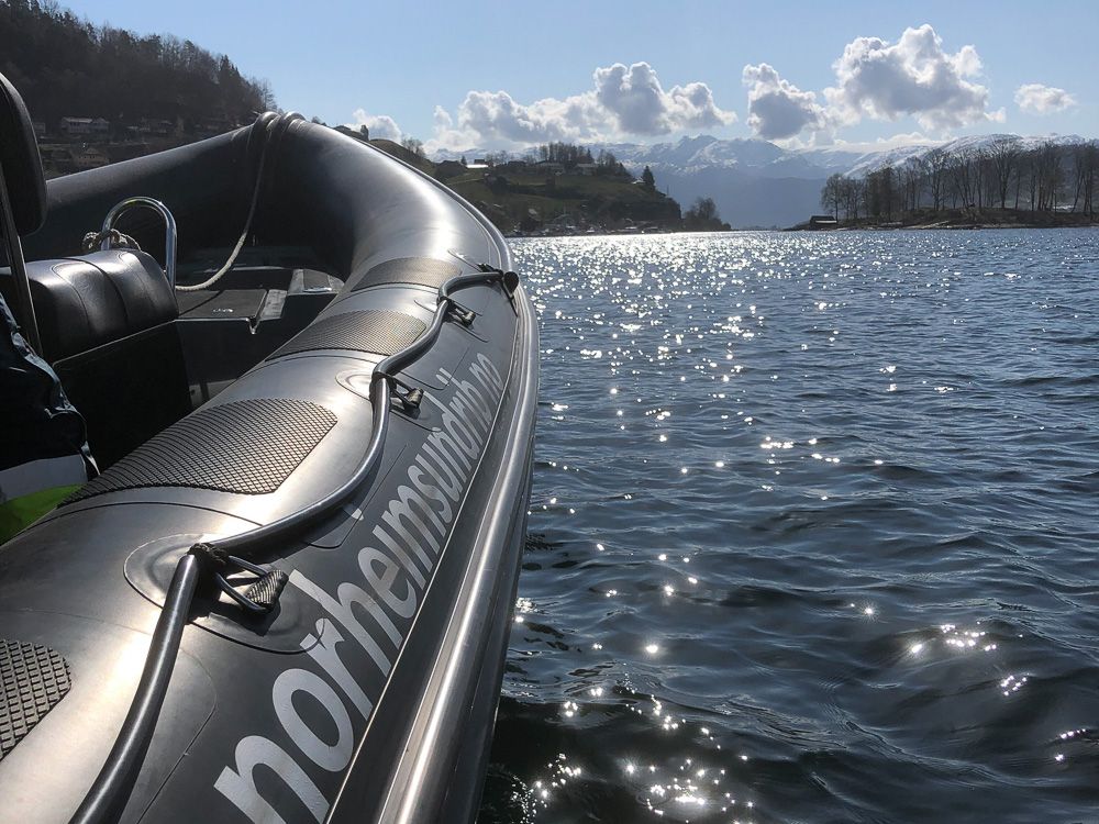 Sunlit fjord scenery reflecting in a RIB boat from Norheimsund RIB Seafari.
