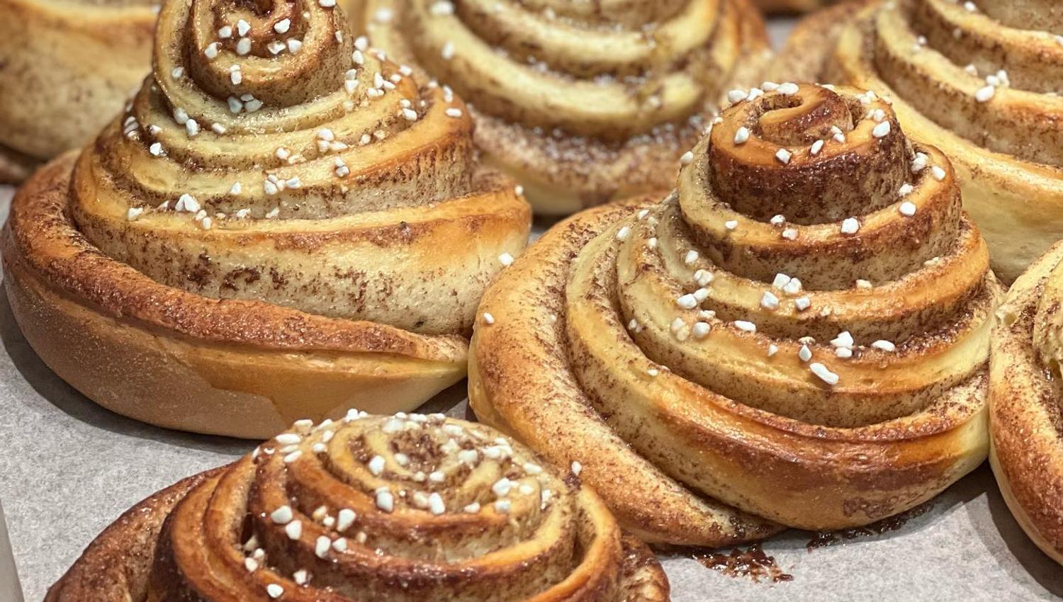 A tray of freshly baked cinnamon rolls