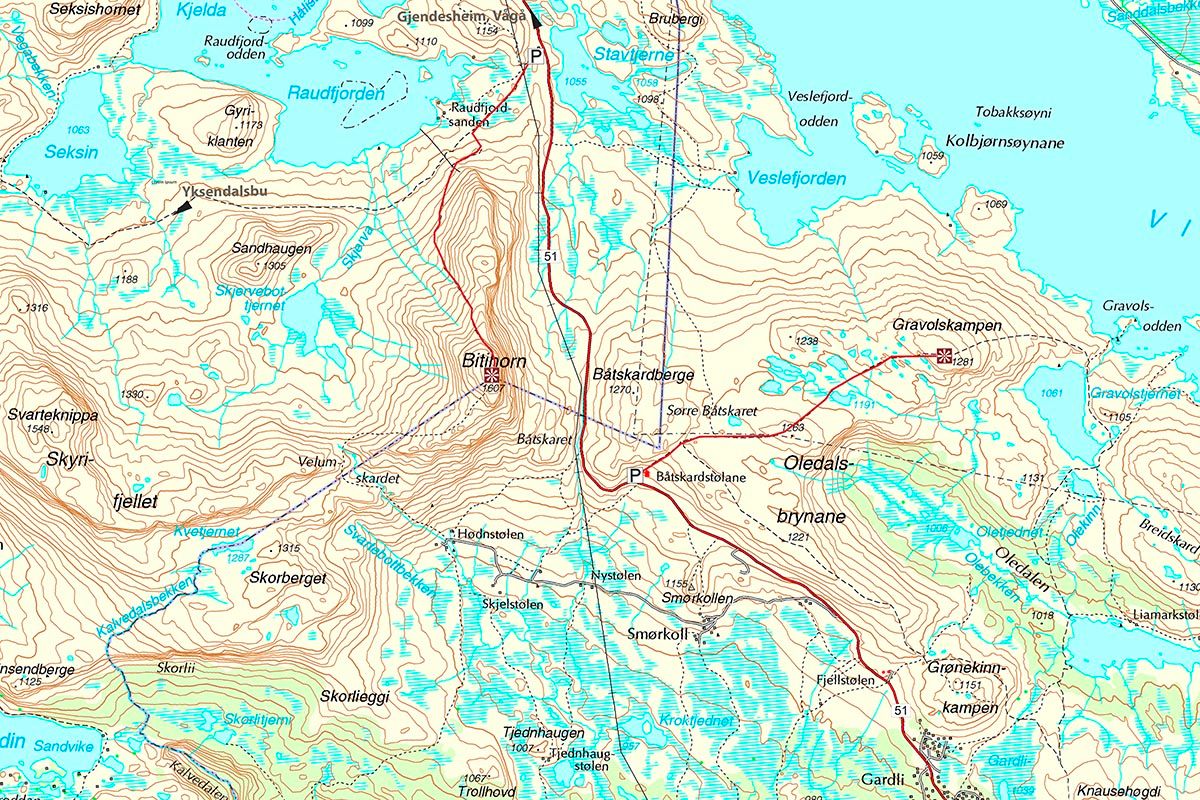 Topographical map showing the trails to Bitihorn and Gravolskampen.