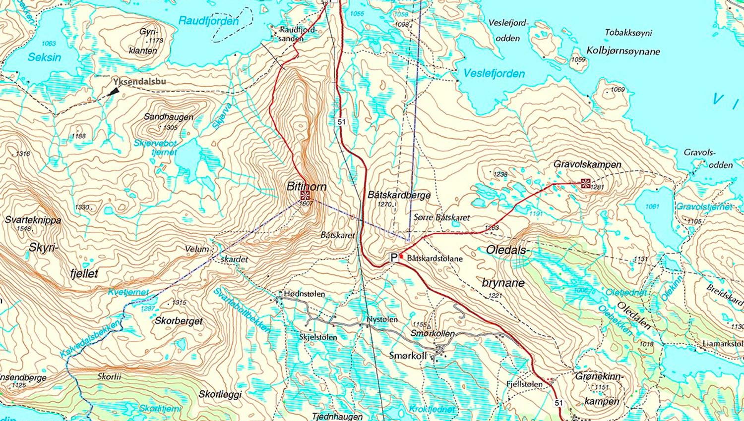 Topographical map showing the trails to Bitihorn and Gravolskampen.