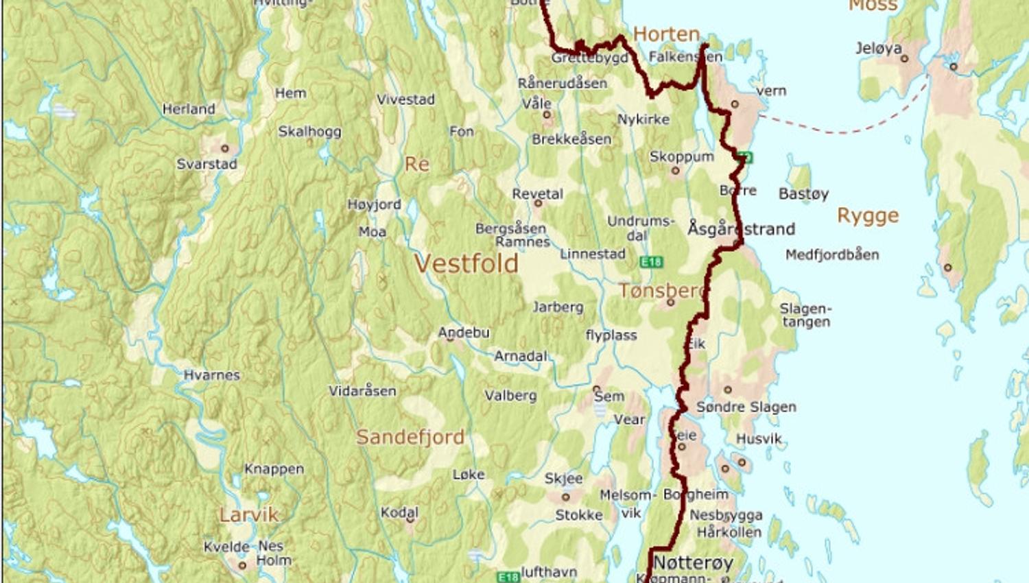 Map of the pilgrimage route through Vestfold