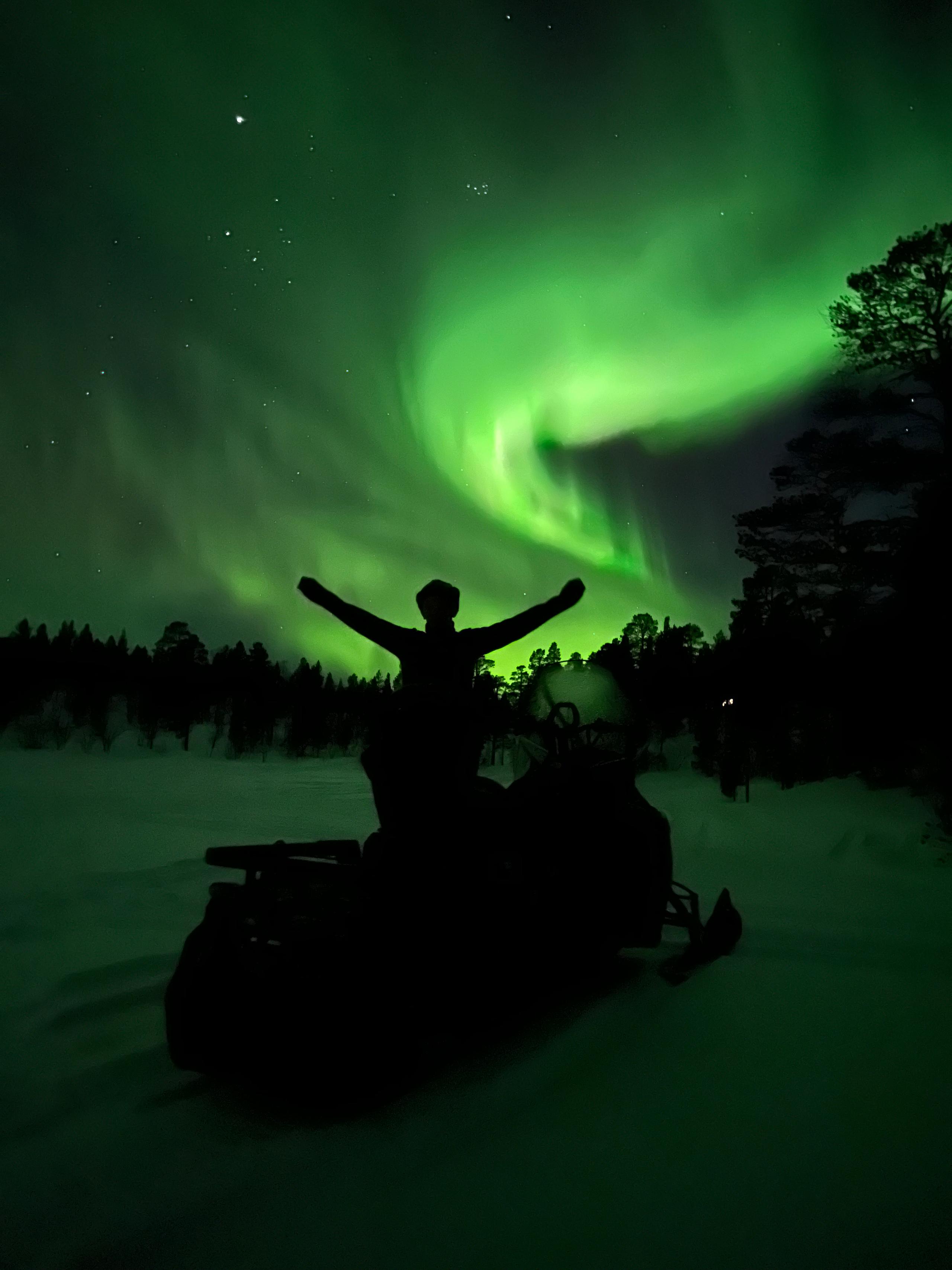 Silhouette d'une personne devant des aurores boréales vertes.