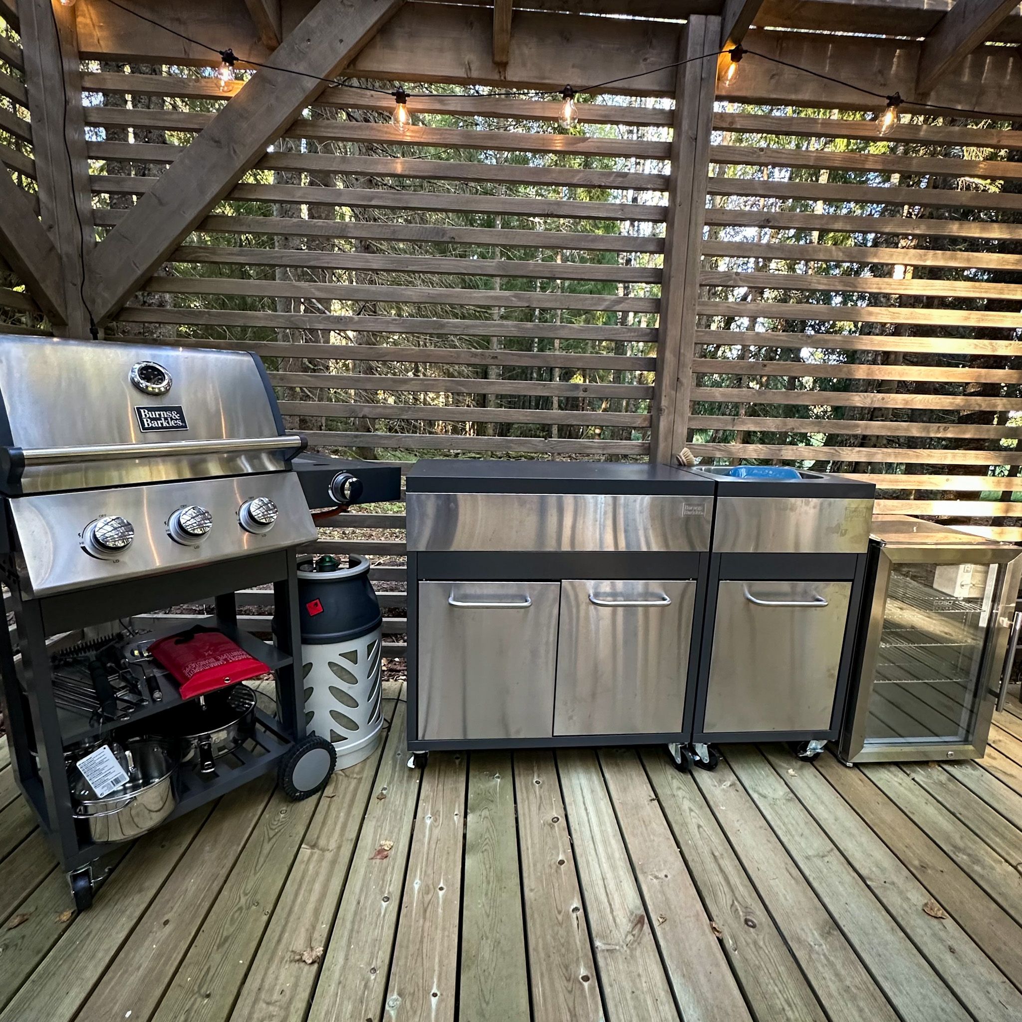 Gas grill, cupboard and small fridge on the patio