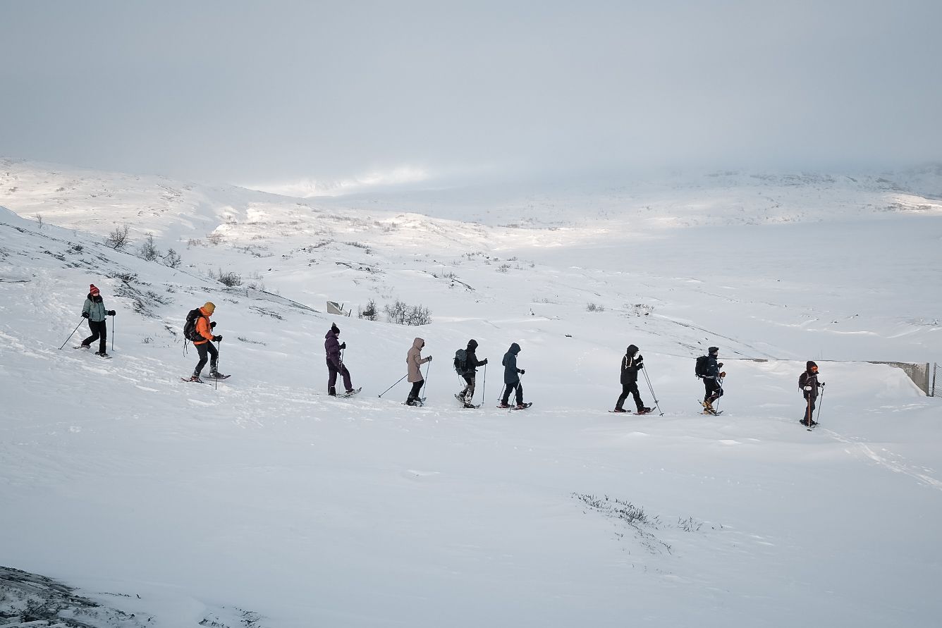 Group snowshoeing through the winter landscape in Hardanger.