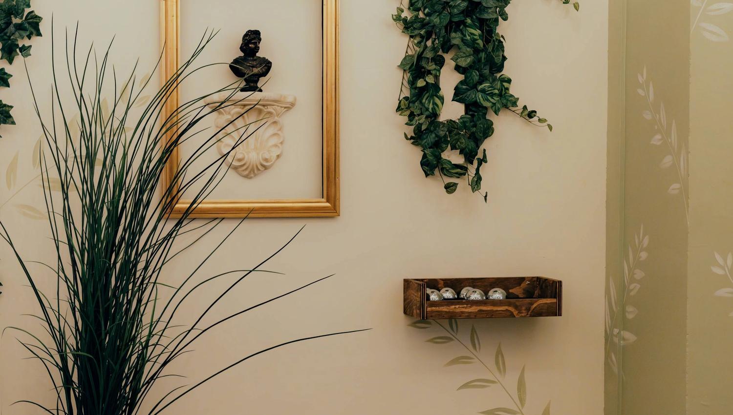 A cosy indoor corner decorated with hanging ivy plants, a golden picture frame surrounding a small classical bust on a white wall shelf, and a tall po