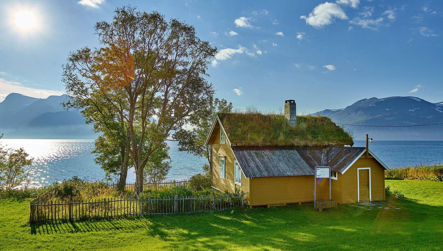Eldre gult hus med torv på taket, til venstre for huset et stort tre. Foran i bildet nyklipt gress og bak blå himmel og sol.