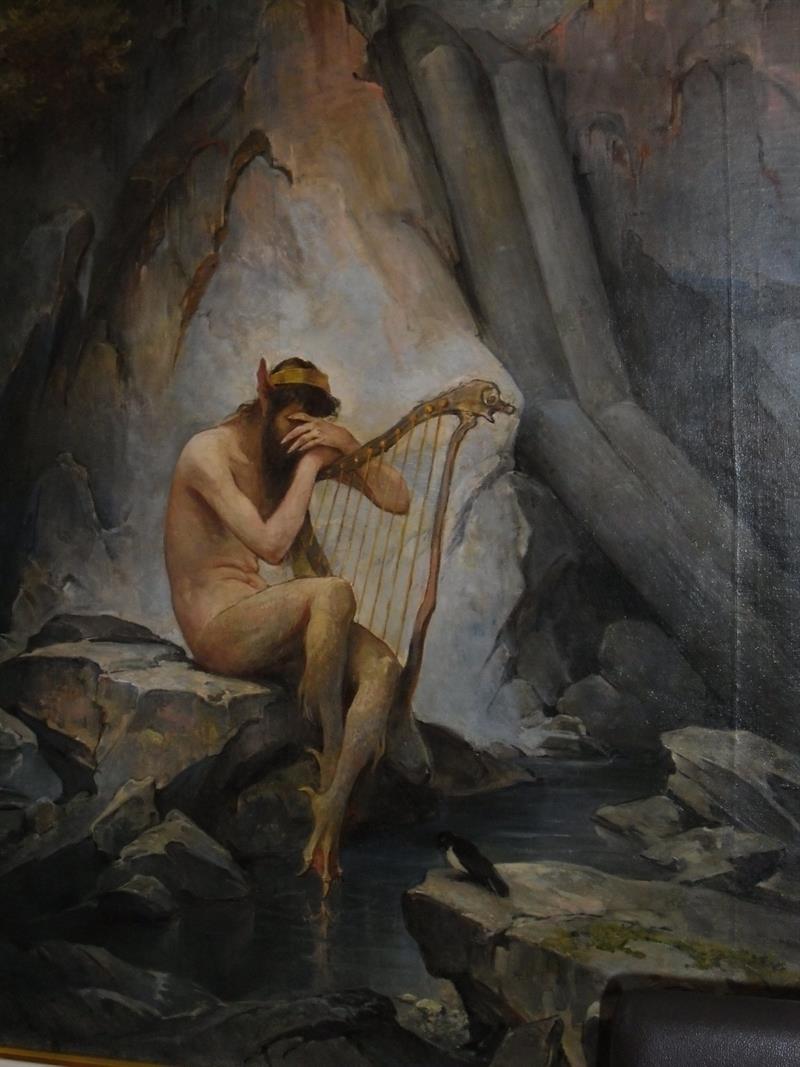 Atmospheric artwork of a mythical creature playing the harp in a natural landscape.
