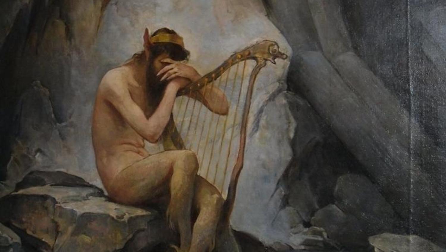 Atmospheric artwork of a mythical creature playing the harp in a natural landscape.