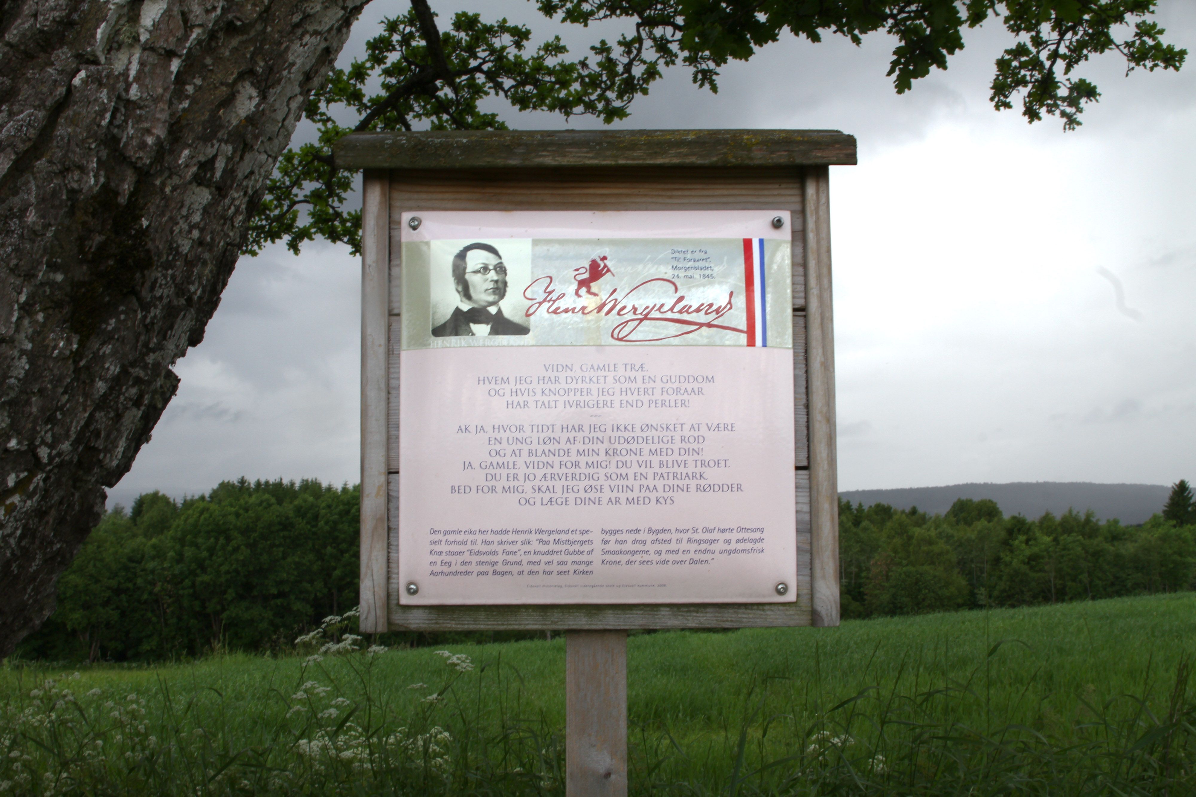 Historiske Eidsvoll - Skilt ved Wergelandseika i Åsleia