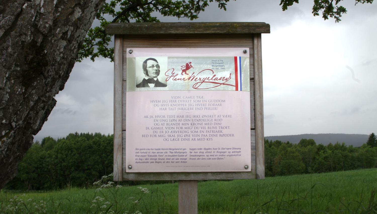 Historiske Eidsvoll - Skilt ved Wergelandseika i Åsleia