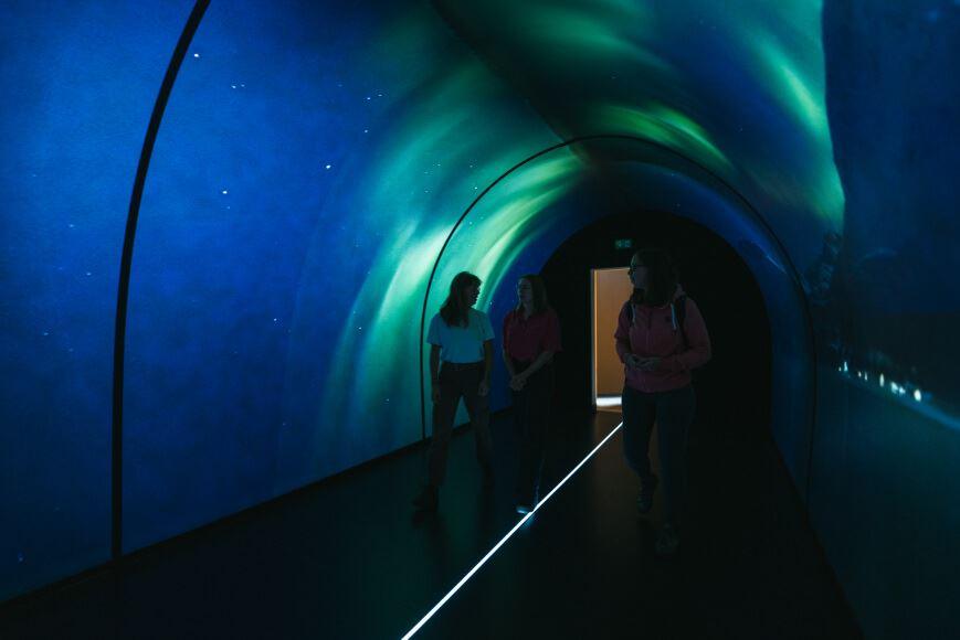 Tre personer går gjennom en tunnel opplyst i nordlysfarger.