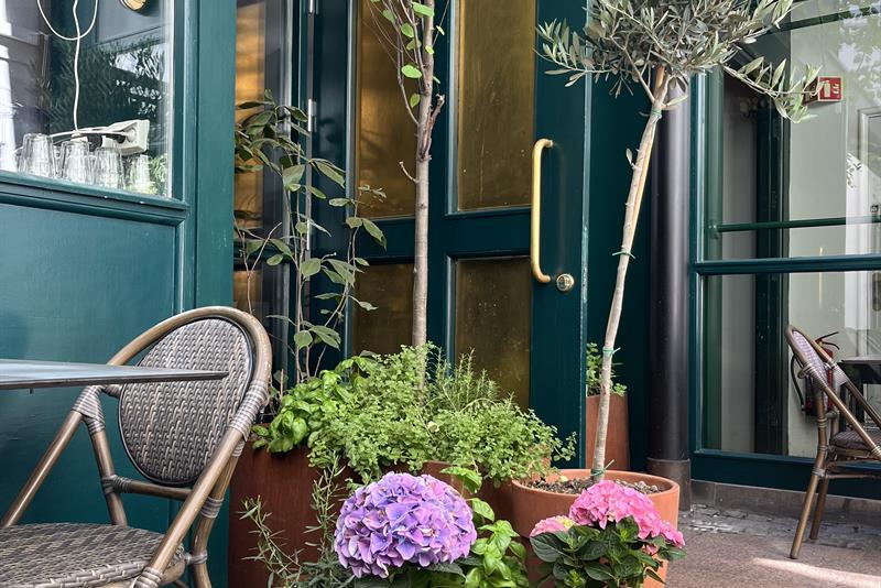 Outdoor terrace with table, chair and potted plants