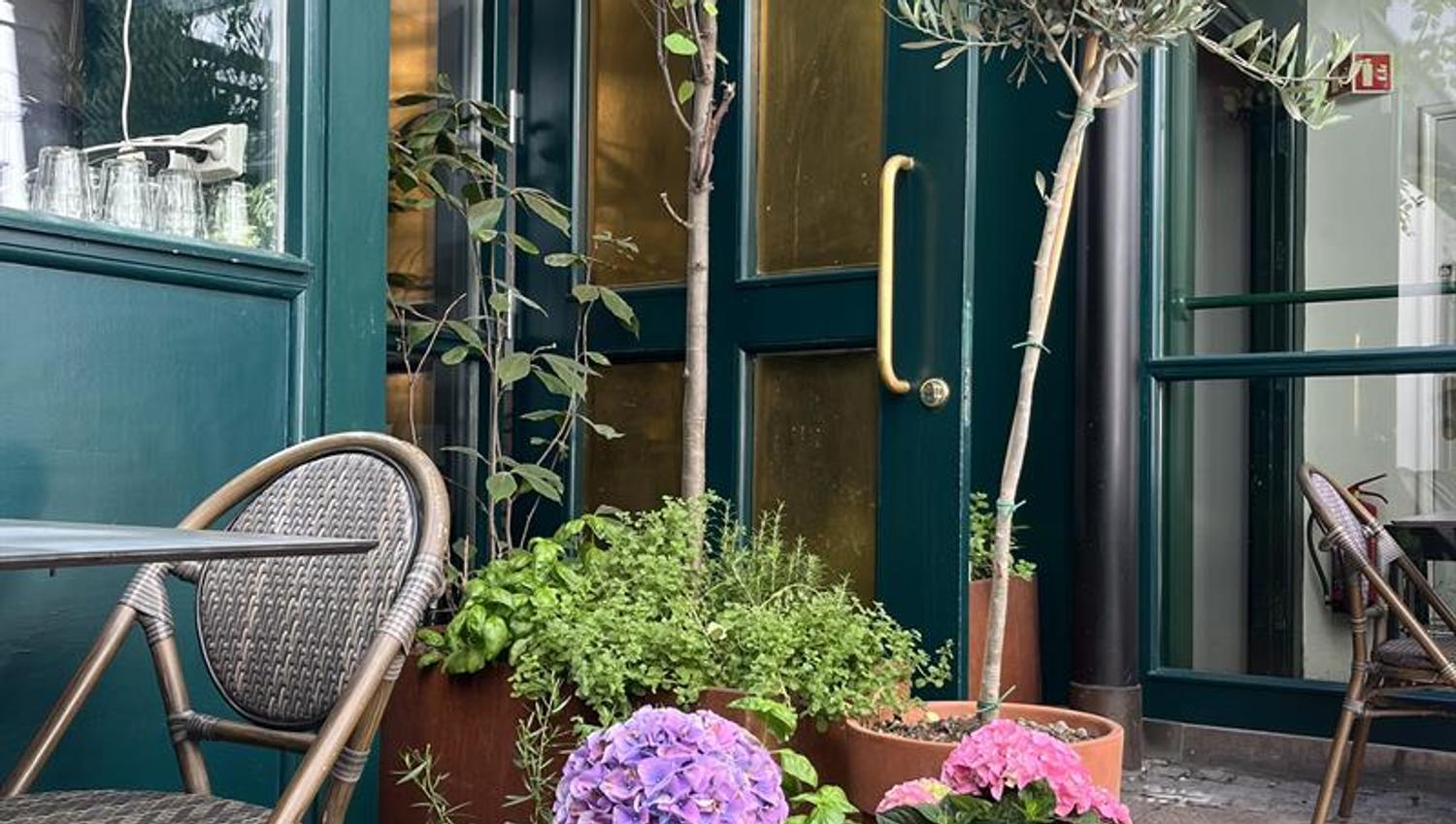 Outdoor terrace with table, chair and potted plants