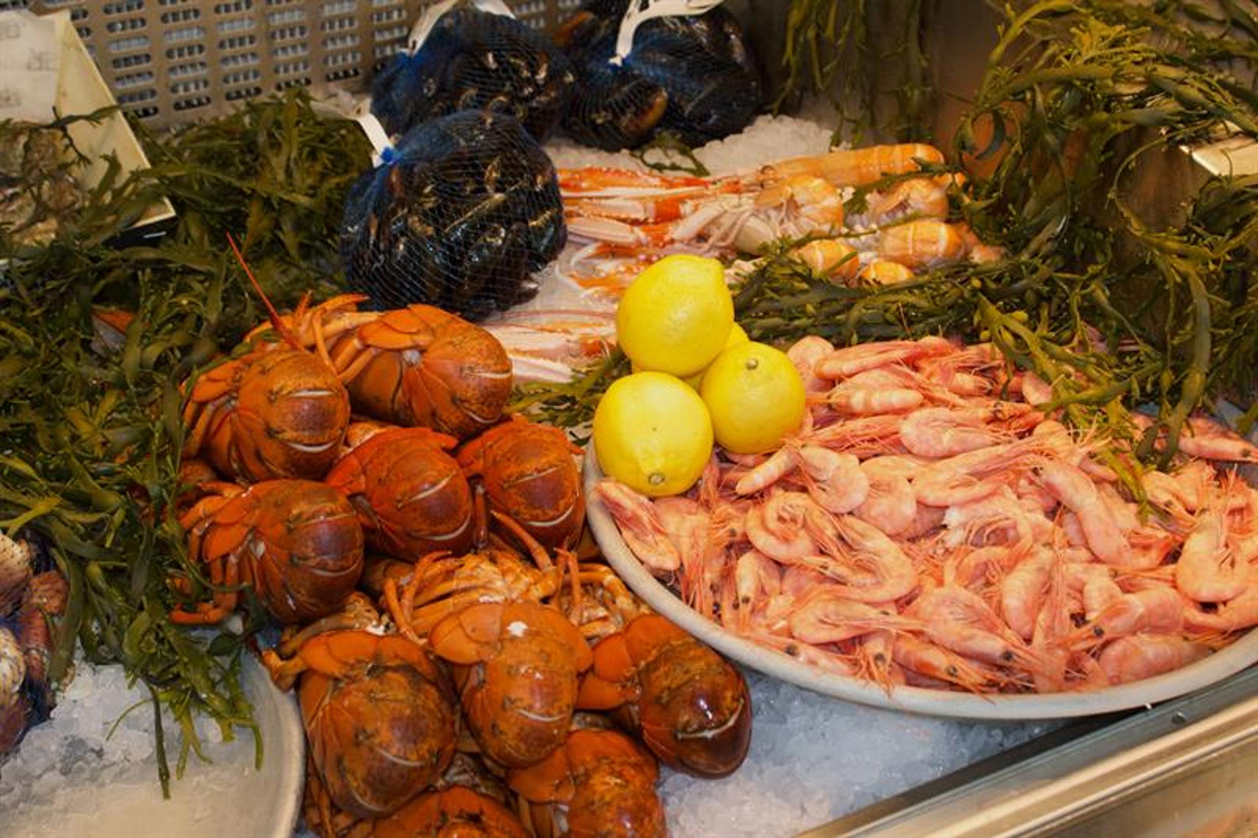 Reker, krabber, blåskjell og kreps i fiskedisken