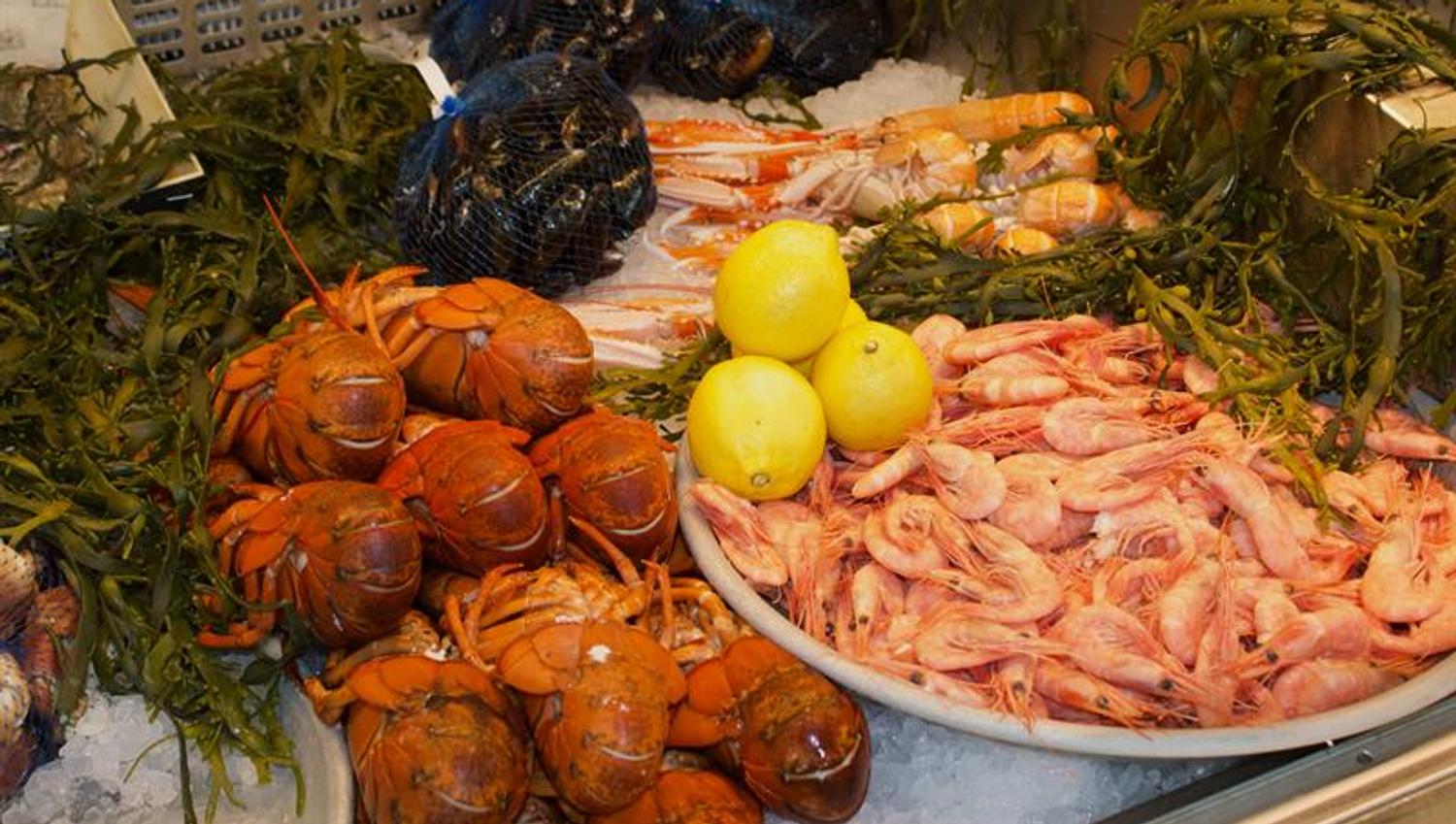 Shrimps, crabs, mussels and crayfish in the fish counter