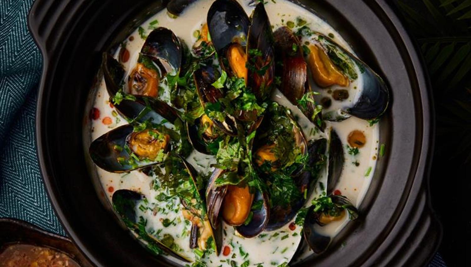 Detail of dish with mussels.