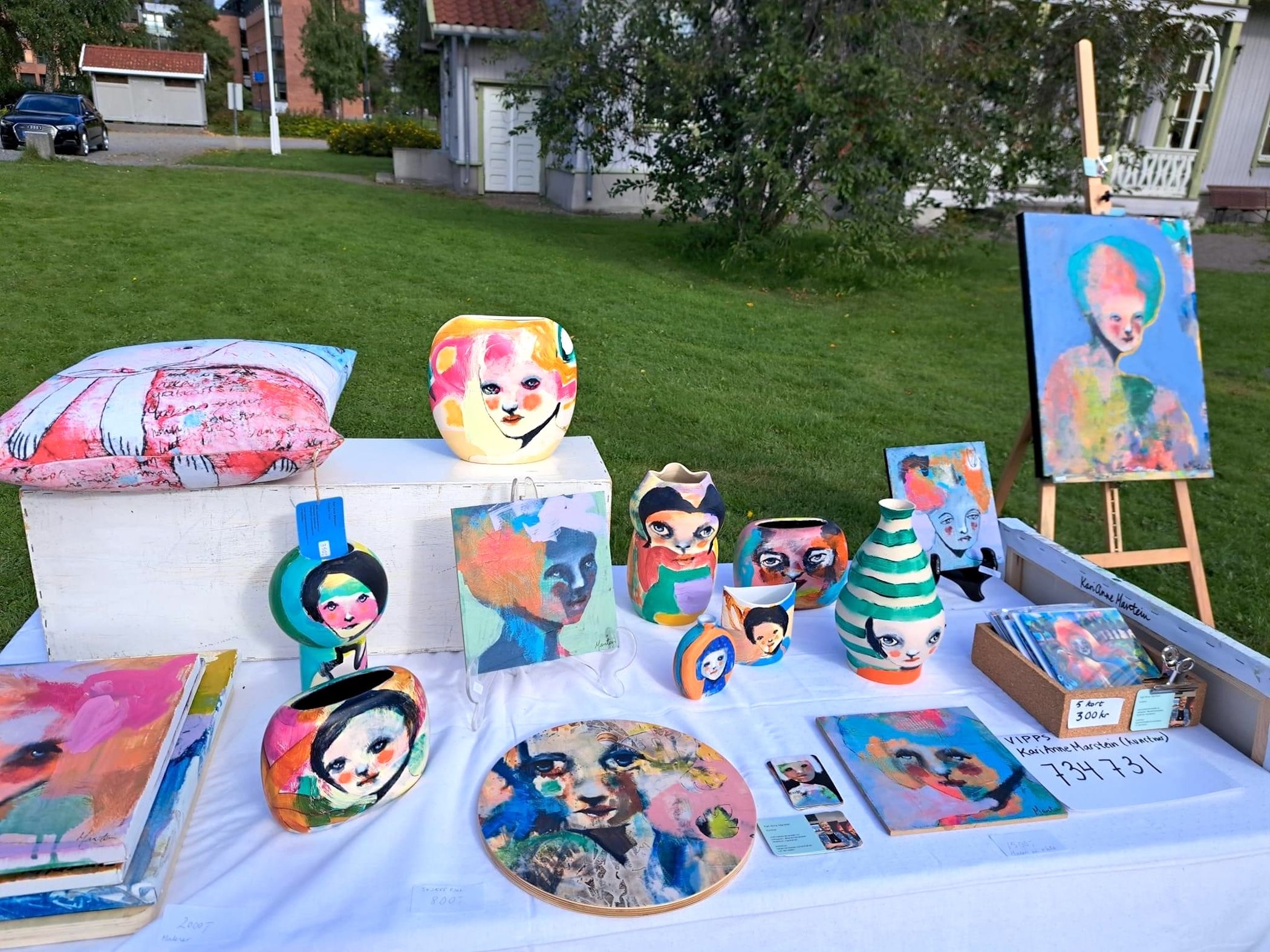 Colorful art on a table, pictures and figures 