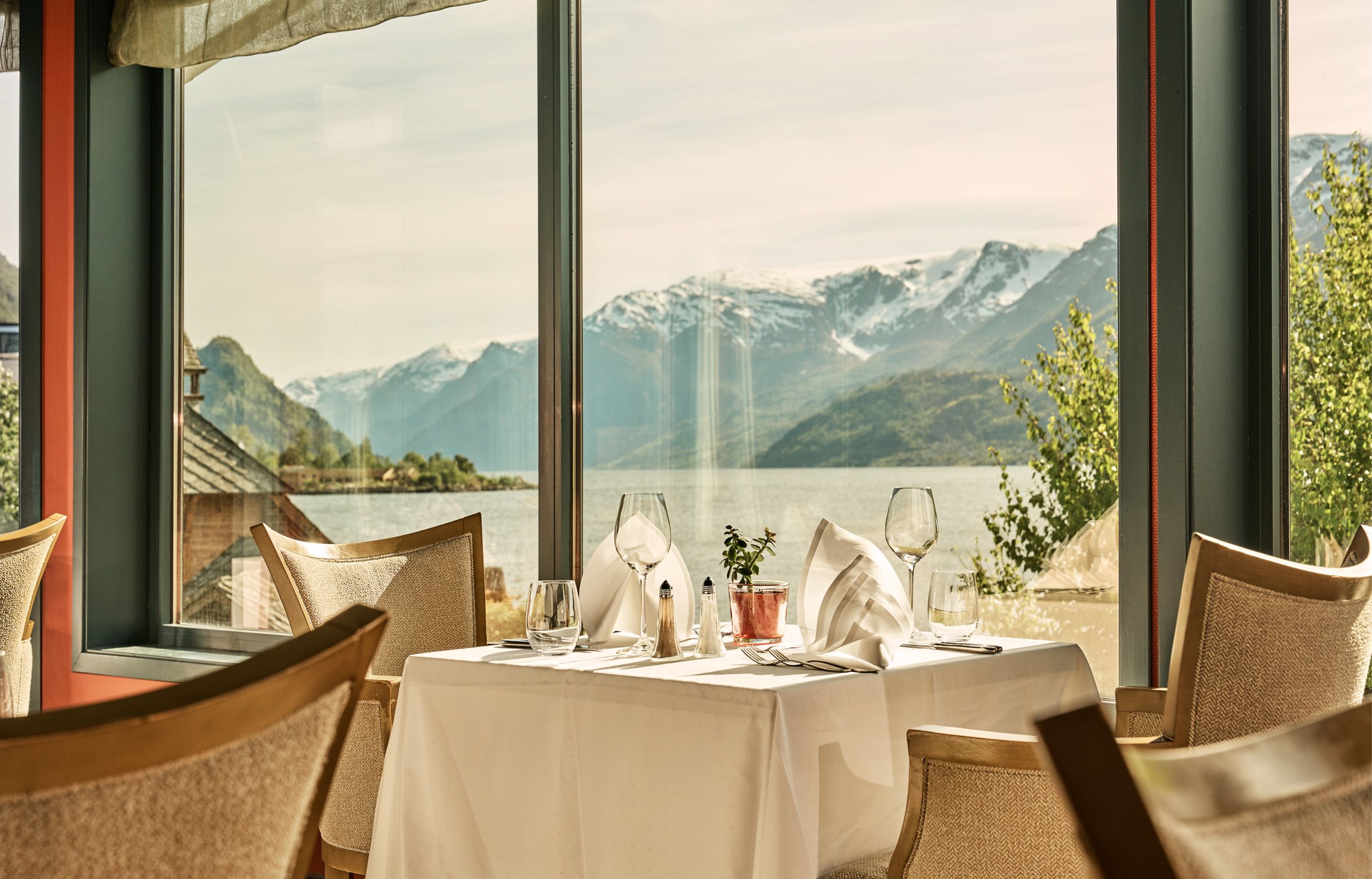 Scenic fjord and mountain views from the restaurant at Hotel Ullensvang in Hardanger.