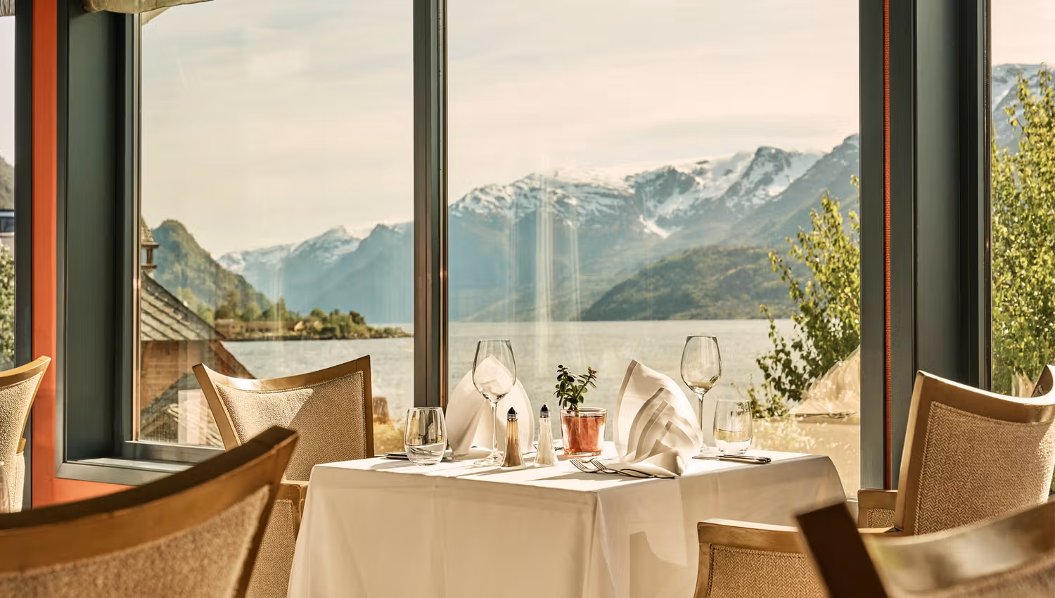 Scenic fjord and mountain views from the restaurant at Hotel Ullensvang in Hardanger.