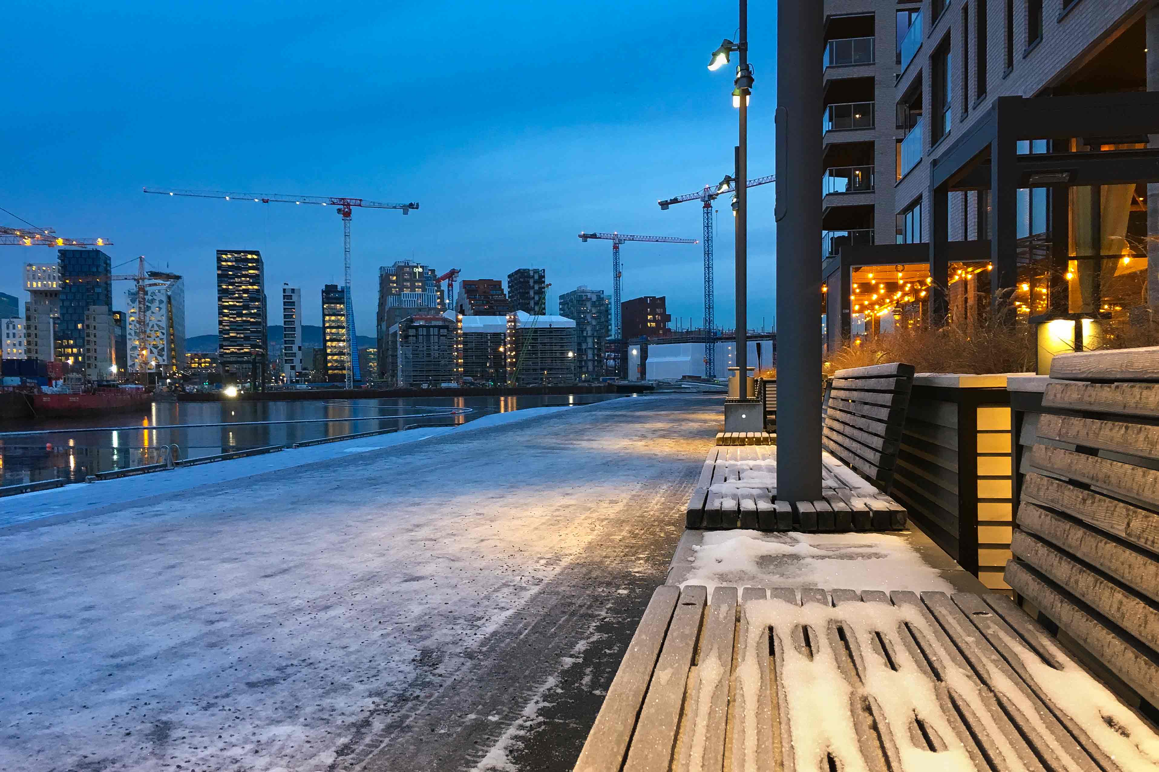 view from sørenga towards bjørvika by night