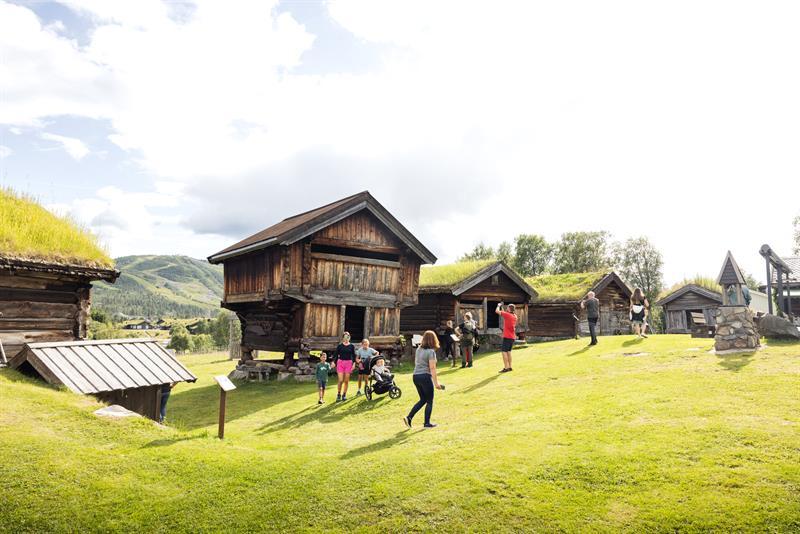 Norwegian old houses at Geilojordet and visitors in summer.