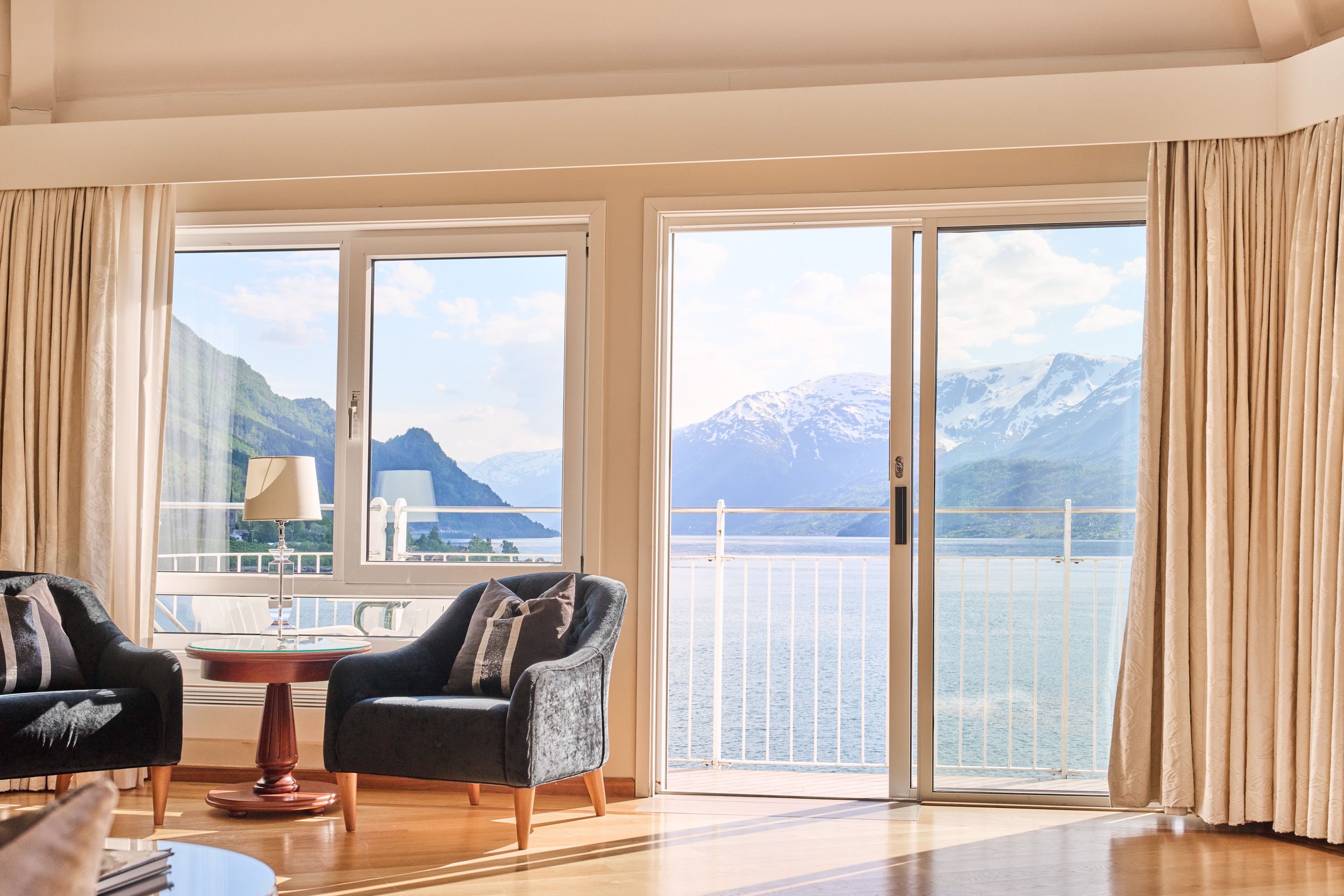 Fjord view suite at Hotel Ullensvang in Lofthus, overlooking the Hardangerfjord.