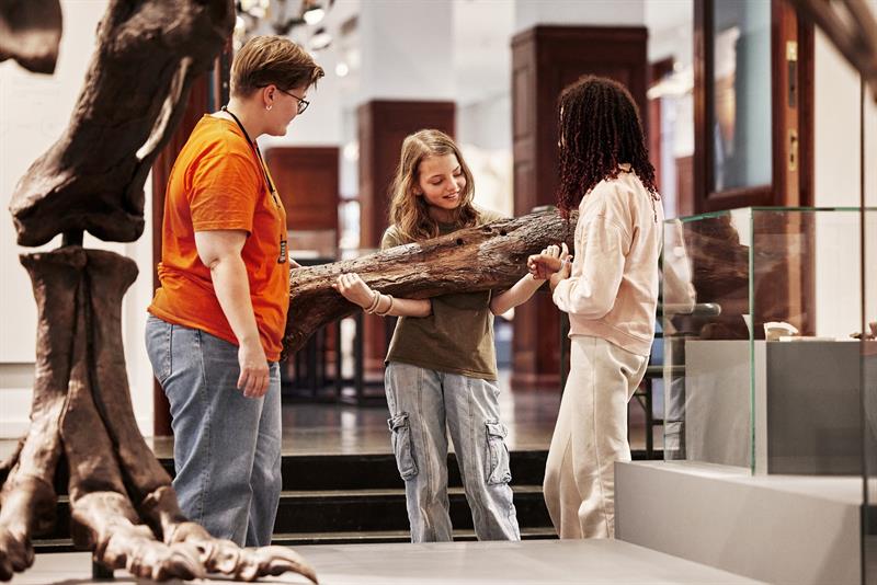Three children examine a large fossil in a museum with guidance from an adult.
