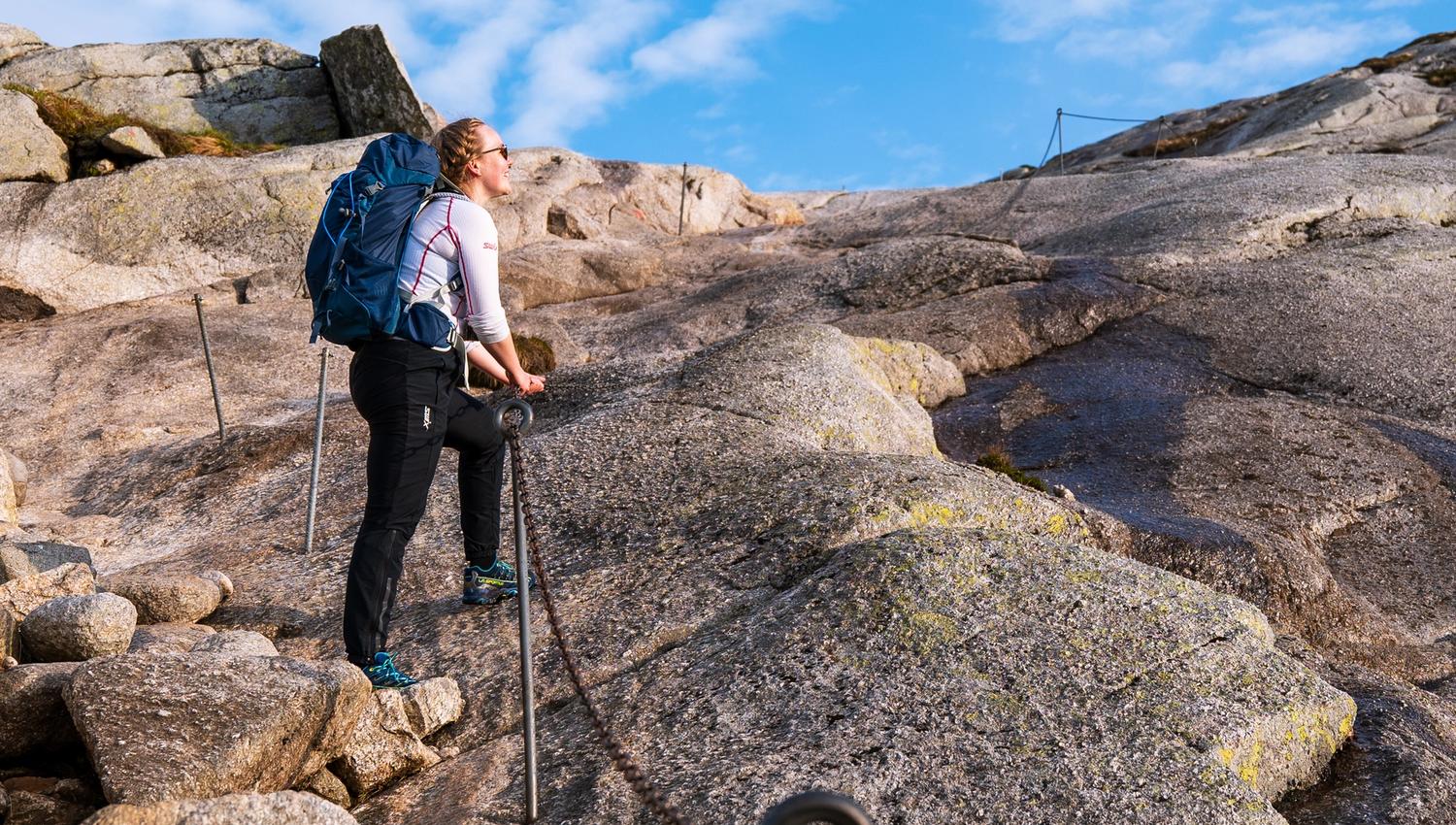 In the steepest parts on the hike to Kjerag, you'll find chains to help you up