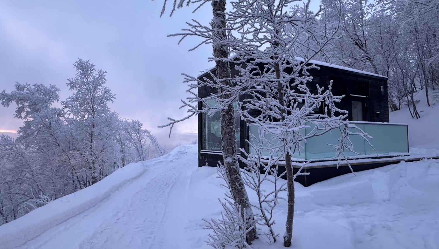 Moderne zwarte chalet omgeven door sneeuw en ijzige bomen.