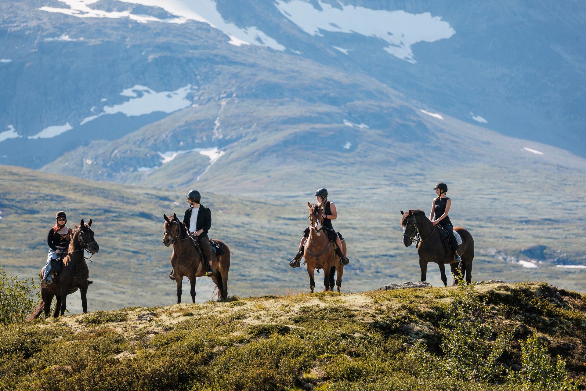 On a horseback riding tour into the mountains, surrounded by green landscapes with patches of snow still remaining.