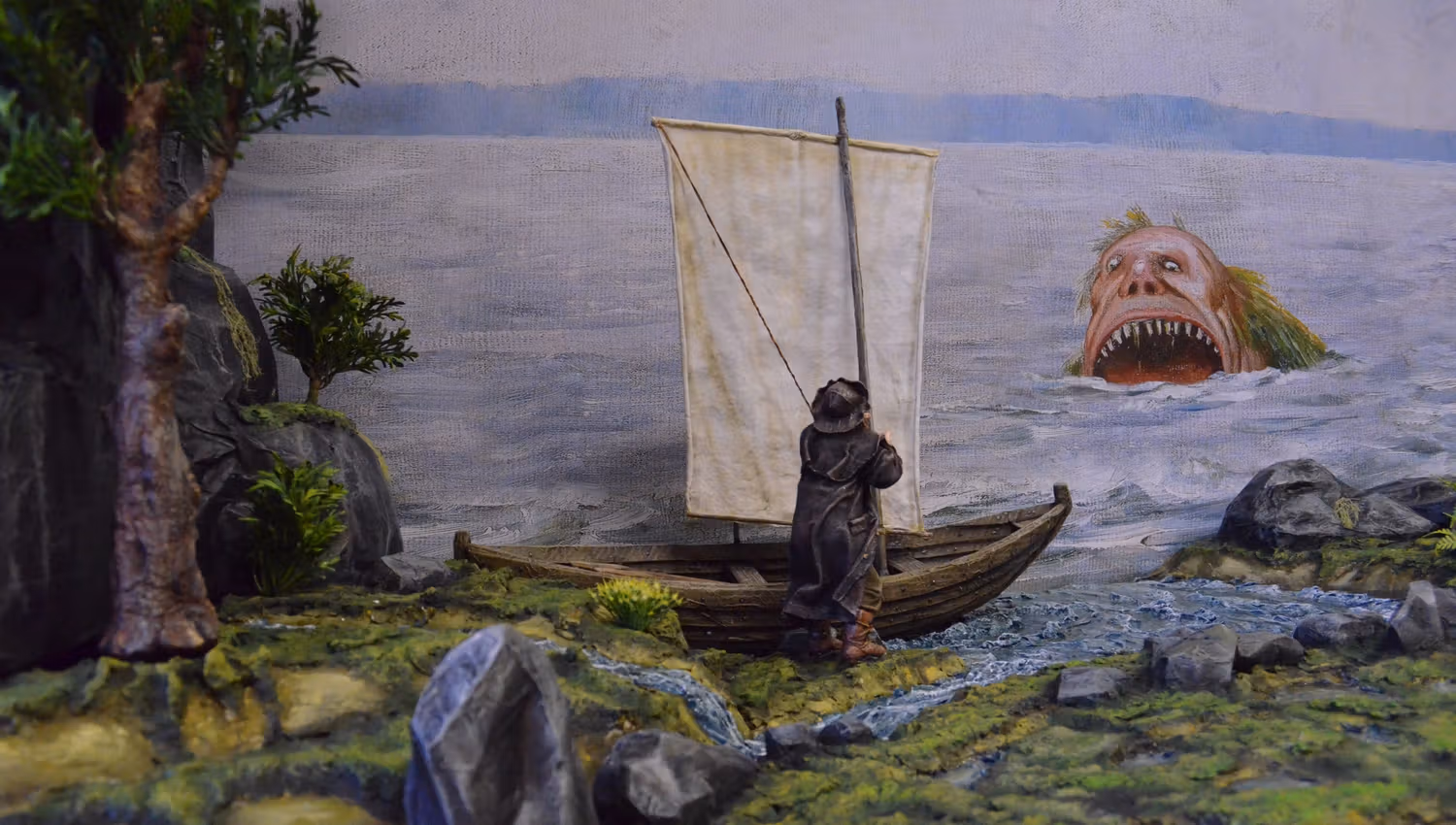 a sea troll scaring a man with a boat