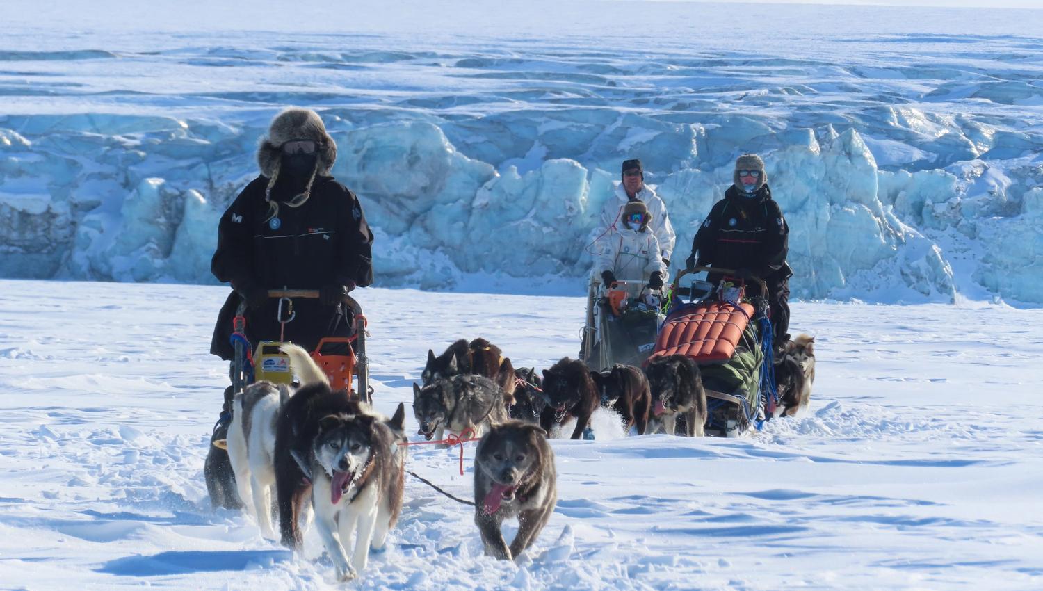 Tre personer på hver sin hundeslede med sledehunder foran som kjører på en linje over en snødekt slette, med tilsnødde fjell og en isbre i bakgrunnen
