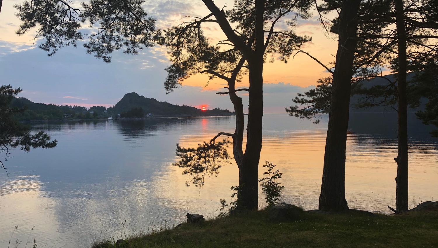Pine trees frame a calm lakeshore at sunset, with an orange sky and the sun near the horizon reflecting on water..