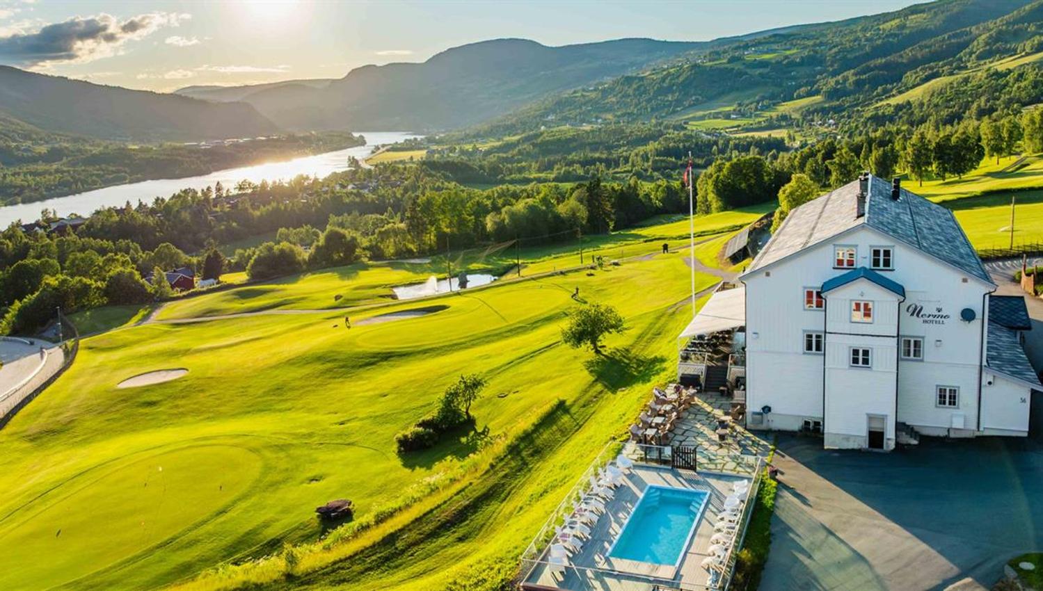 Golf course and hotel overlooking the valley.