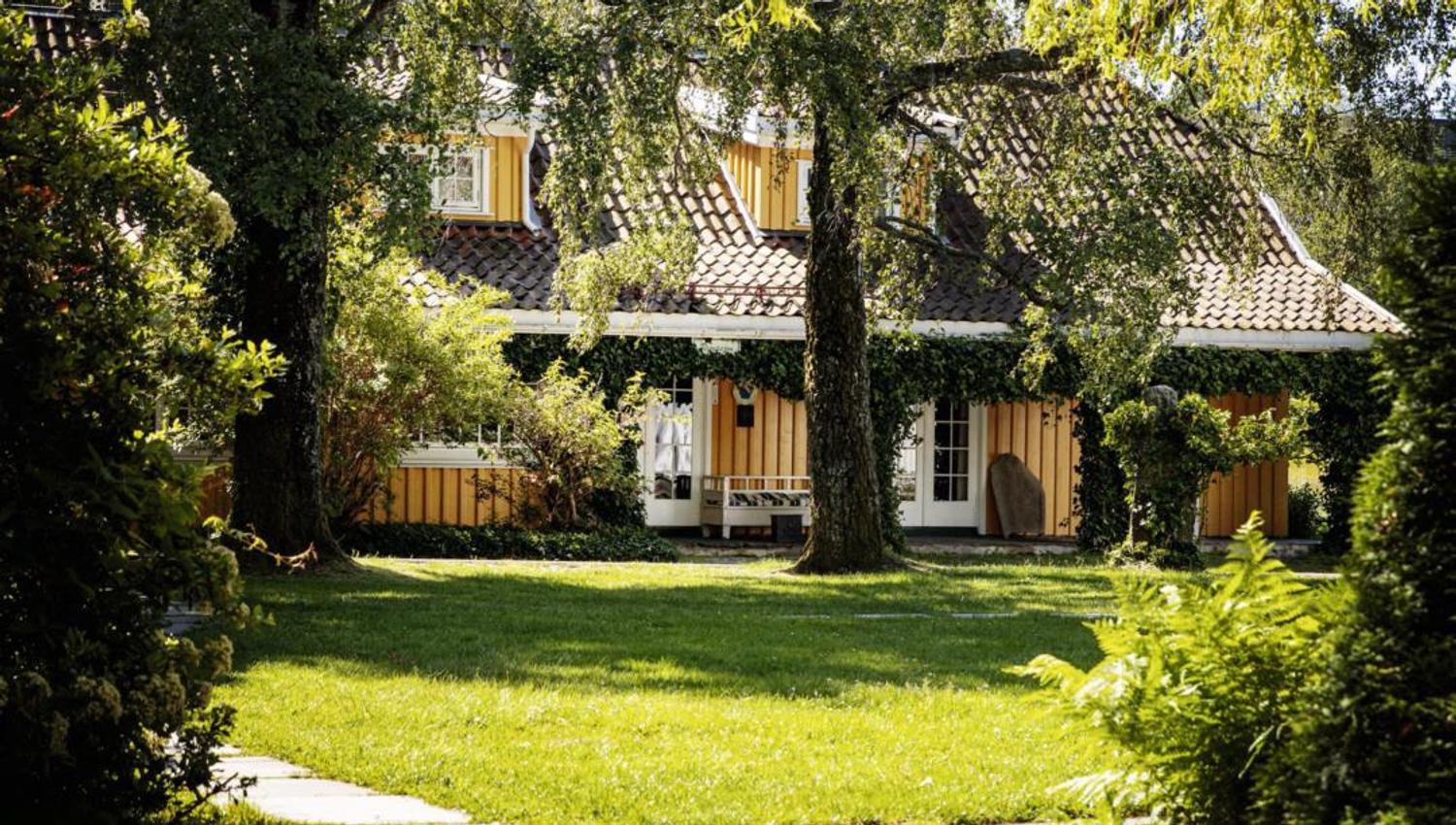 Green garden with yellow house in the background