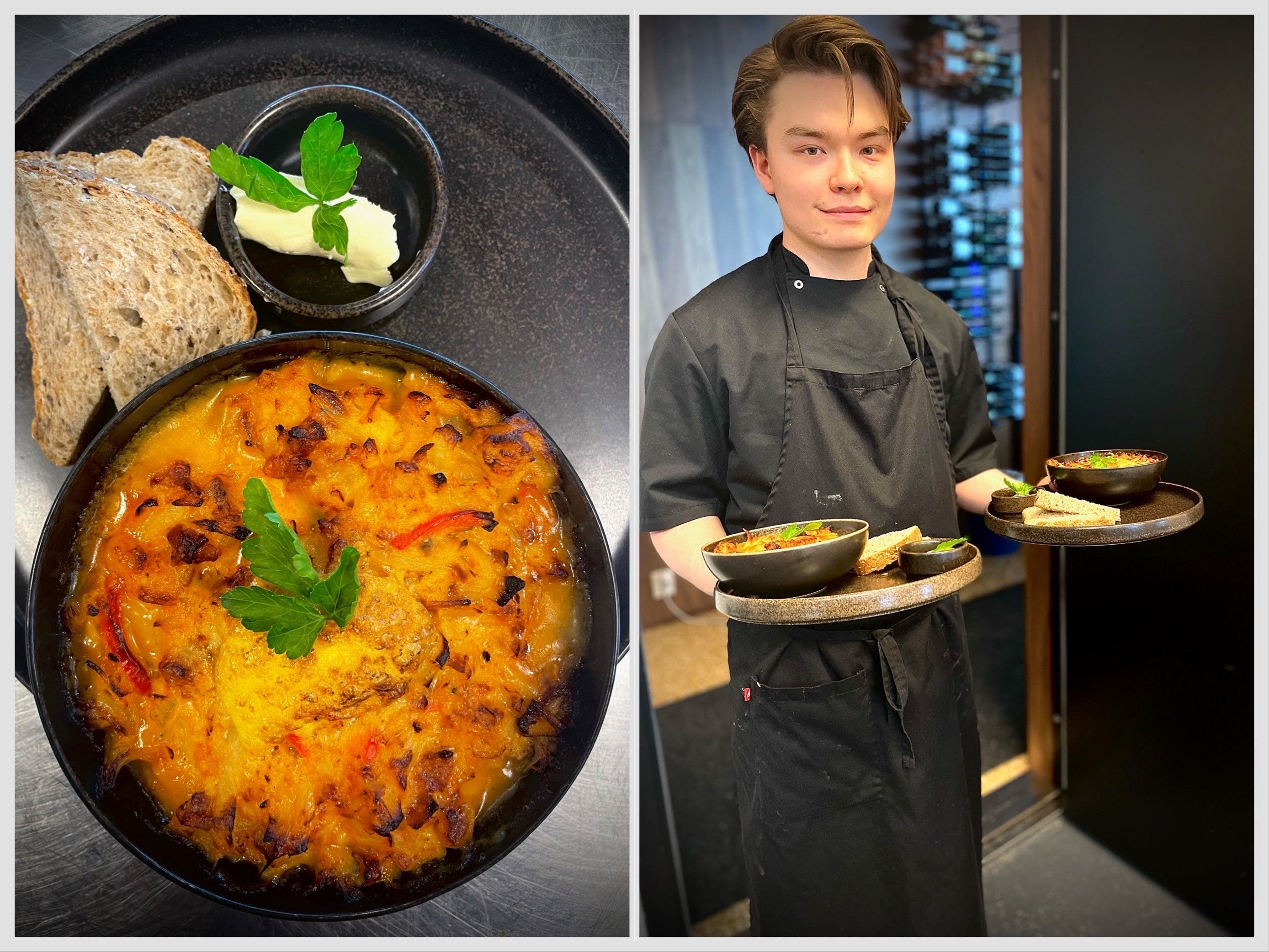 Niklas serverer utsøkt mat i restauranten.