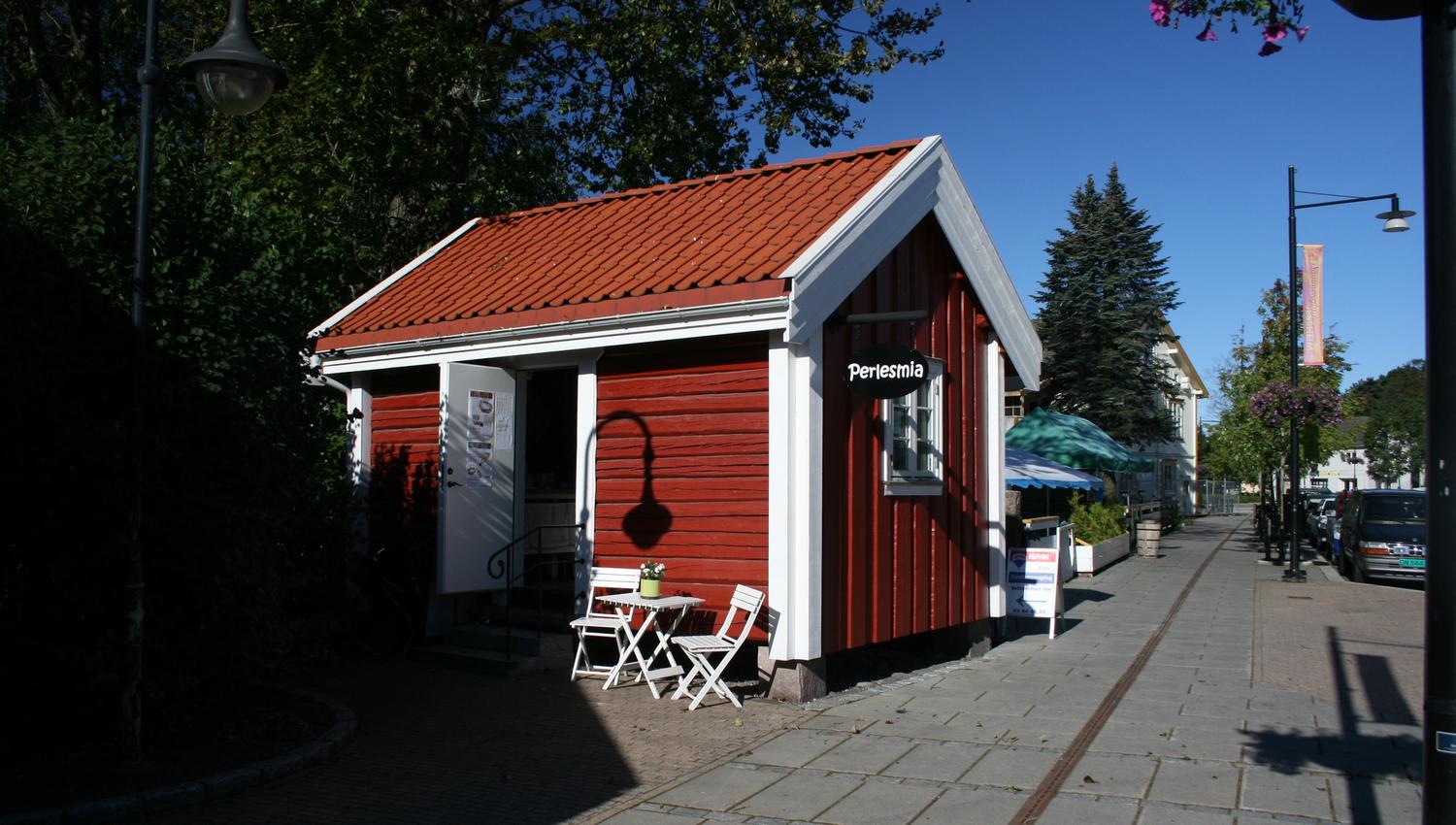 Red storehouse in a street.