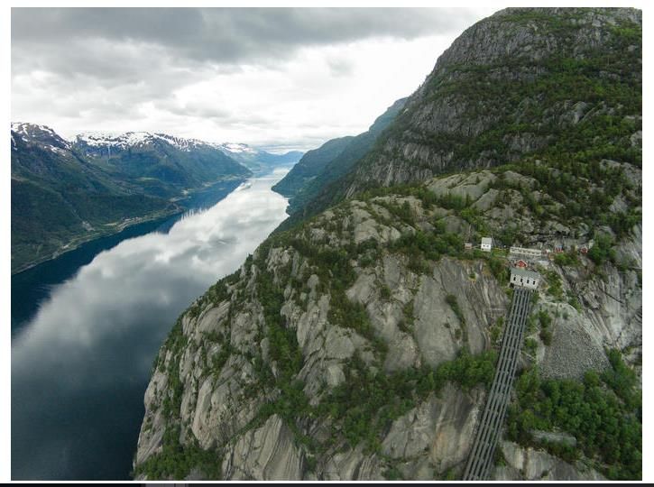 Aerial view of Lilletopp, showcasing the steep mountainsides and the iconic pipeline leading to the fjord.