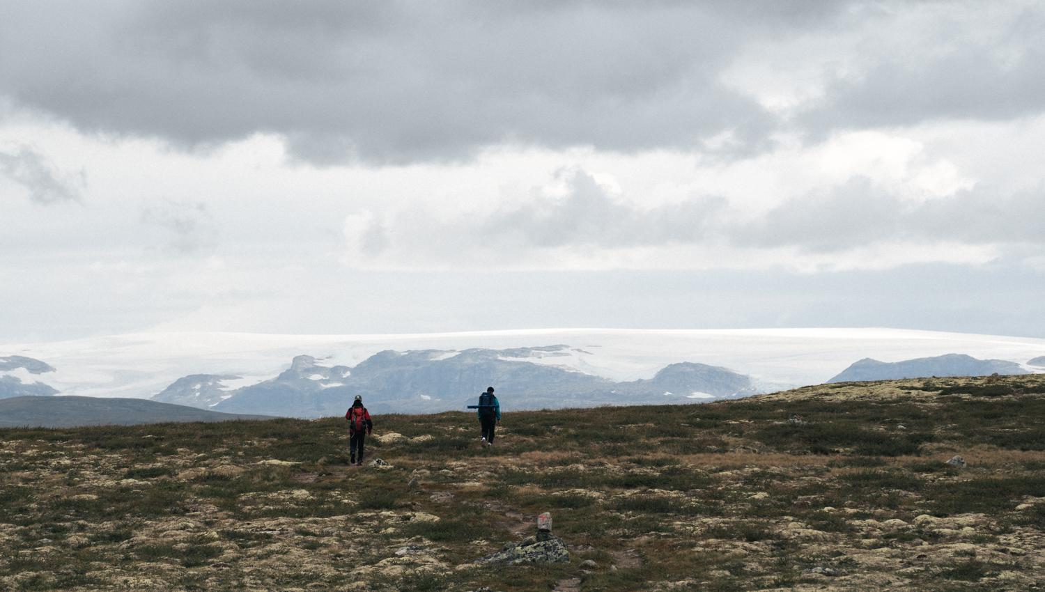 To turgåere på Hardangervidda, med utsikt over Hardangerjøkulen på avstand.