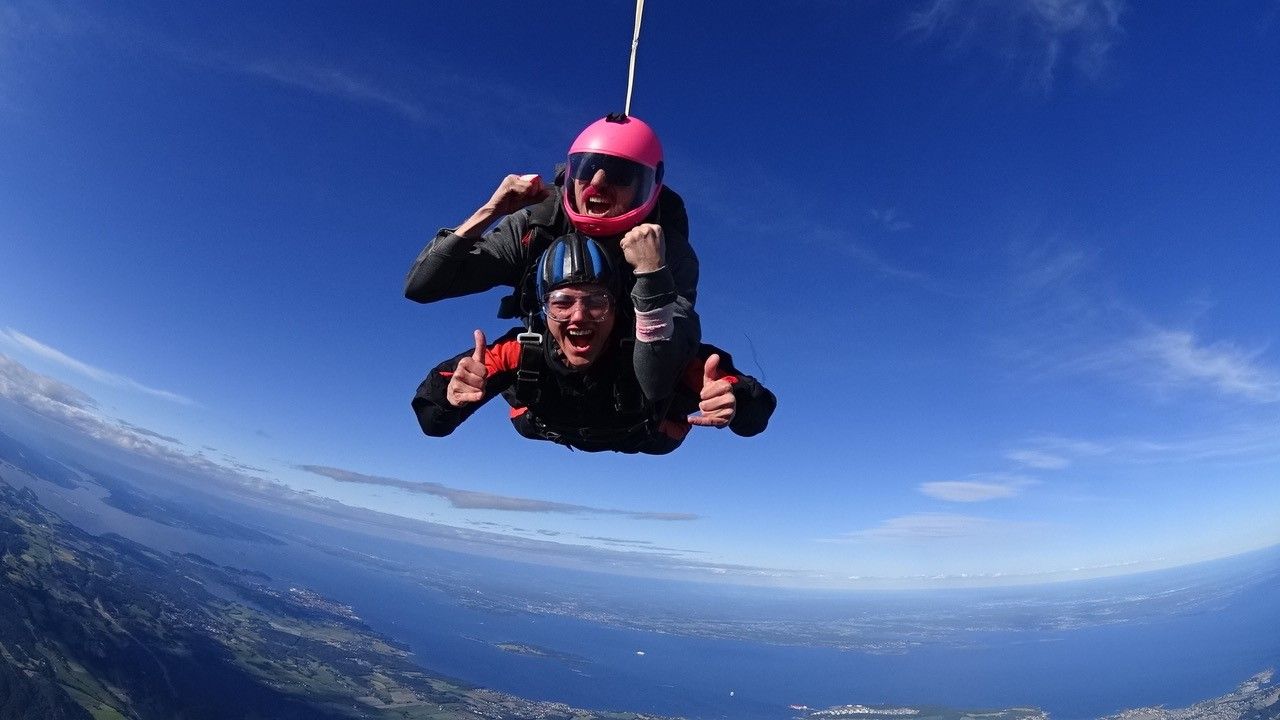 Two happy people in the air