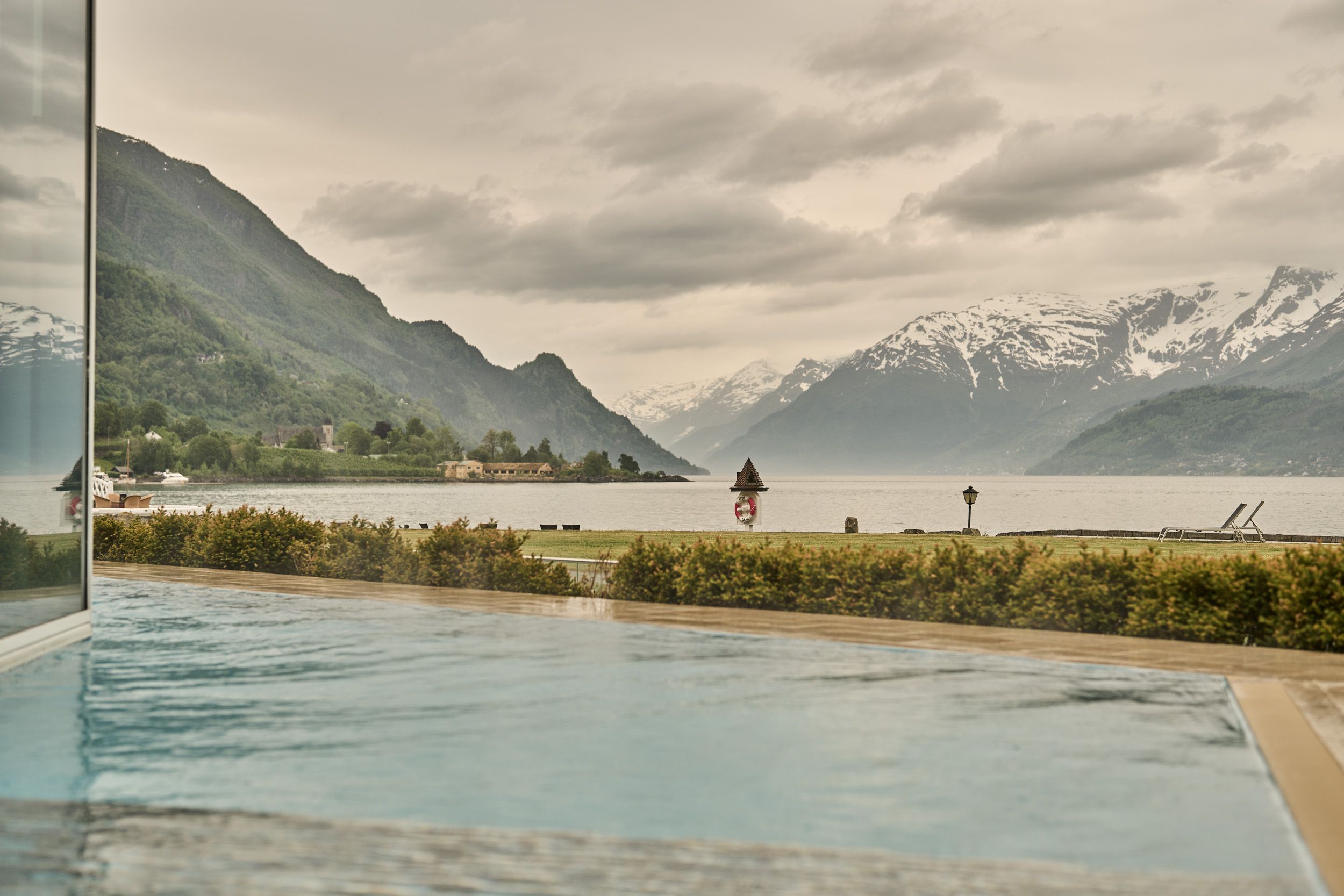 View of the Hardangerfjord from the outdoor spa area at Hotel Ullensvang.