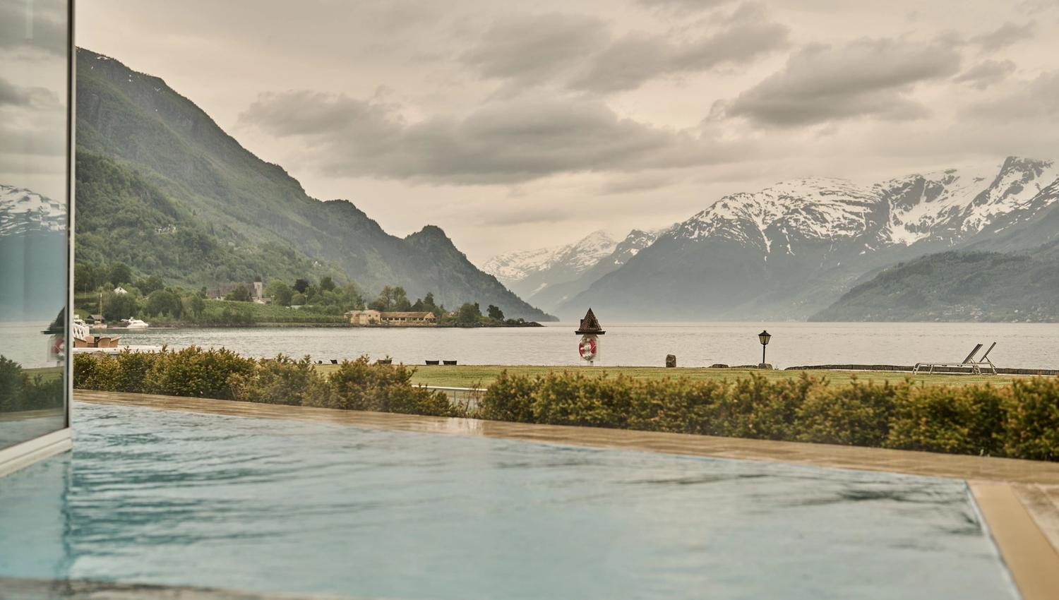 View of the Hardangerfjord from the outdoor spa area at Hotel Ullensvang.