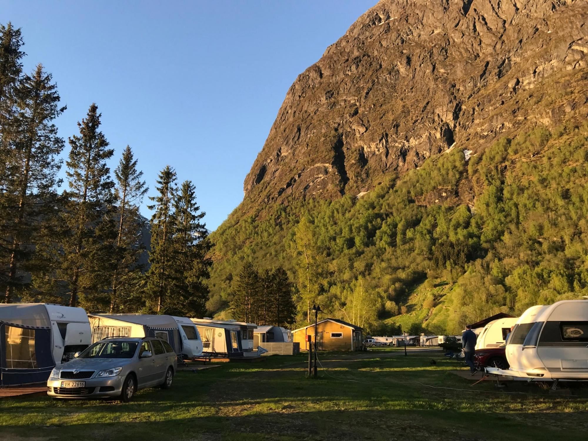 Motorhome and caravan pitches at Grande Camping located by Oppstrynsvatnet in Oppstryn, Nordfjord.