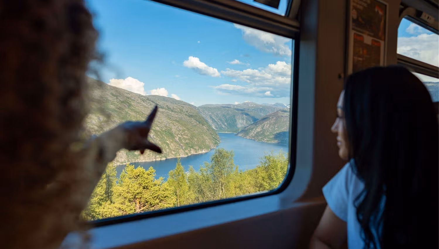 Inside a train, a passenger looks out at a fjord with blue water, green mountains, and a bright sky.